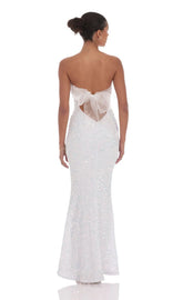 Velvet Sequin Strapless Maxi Dress in White