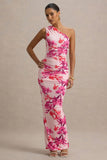 Dalarie Pink and Orange Floral Print One Shoulder Gathered Maxi Dress