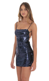 Sequin Square Neck Bodycon Dress in Navy