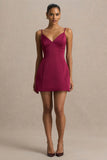 Elara Burgundy Satin Plunge Neck Mini Dress