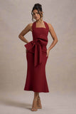 Aman Berry Halter Neck Midi Dress With Oversized Bow