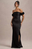 Senseless Black Satin Floral Bardot Maxi Dress