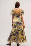 Women Floral Maxi Dress Short Puff Sleeve V Neck Bohemian Flowy Dress Smocked Casual Spring Summer Dresses