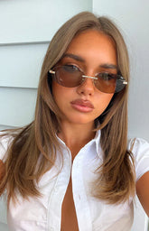 Otra Eyewear Jasmine Brown/Gold Metal Frame Oval Sunglasses