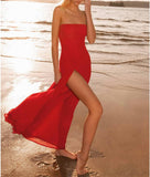 Women Tube Top Dress Tiger Stripe Mesh Patchwork Maxi Dress Strapless Sexy High Slit Long Dresses Beach Vacation