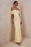 Aries Lemon Lace Bardot Neck Maxi Dress With Gathered Detailing