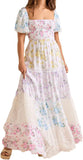 Women Floral Maxi Dress Smocked Puff Sleeve Square Neck Lace Patchwork Tiered Boho Long Dress Vacation Garden Party