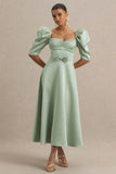 Rosey Green Satin Sweetheart Midi Dress