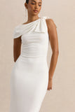 Clarina White Asymmetric Neck Midi Dress With Bow Detail