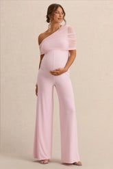 Mariska Light Pink Asymmetric Neck Maternity Jumpsuit With Sash Detail