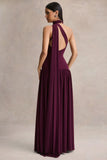 Freesia Plum Asymmetric Neck Maxi Dress With Scarf Detail