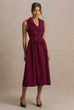 Lisa Burgundy Plunge Neck Tailored Midi Dress With Button Detailing