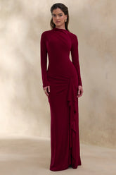 Karessa Berry High Neck Maxi Dress With Gathered Detailing And Front High Split