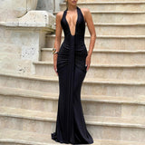 Women Deep V Neck Ruched Maxi Dress Sleeveless Halter Gown Cocktail Evening Formal Dresses