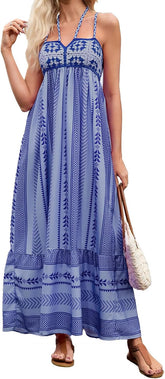 Women Boho Maxi Dress Crochet Patchwork Sleeveless Long Flowy Swing Dress Pink Beach Sundresses