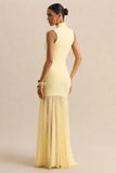 Felina Lemon High Neck Maxi Dress With Sheer Skirt