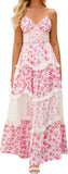 Women Floral Maxi Dress Spaghetti Straps V Neck Patchwork Flowy Boho Sundress Tiered Long Dresses