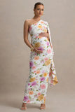 Aliana Peach And Lilac Floral Print Asymmetric Maternity Maxi Dress With Ruched Detailing