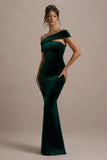Candela Bottle Green Velvet Asymmetric Bardot Maxi Dress