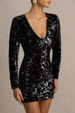 Ritz Black Sequin Plunge Neck Mini Dress With Long Sleeves