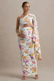 Aliana Peach And Lilac Floral Print Asymmetric Maternity Maxi Dress With Ruched Detailing
