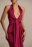 Lynette Burgundy Satin Plunge Neck Maxi Dress With Asymmetric Hem