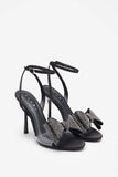 Bowing Black Satin Heeled Sandals With Diamante Bows