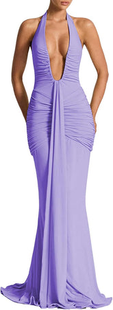 Women Deep V Neck Ruched Maxi Dress Sleeveless Halter Gown Cocktail Evening Formal Dresses