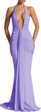 Women Deep V Neck Ruched Maxi Dress Sleeveless Halter Gown Cocktail Evening Formal Dresses