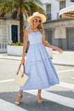 Women Floral Embroidered Maxi Dress Sleeveless Tie Shoulder Smocked Flowy Dress Boho Summer Sundresses with Pockets