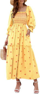 Women Floral Embroidered Maxi Dress Long Puff Sleeve Square Neck Bohemian Flowy Dress with Pockets Summer Fall