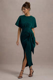 Mika Bottle Green Satin Short Sleeve Wrap Maxi Dress