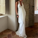Women White Dress Halter Deep V Neck Cascade Drape Floor Length Gown Wedding Guest Beach Vacation