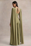Labina Green Plunge Neck Jumpsuit With Cape Sleeves