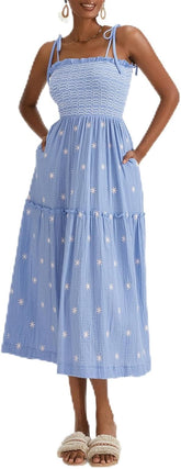 Women Floral Embroidered Maxi Dress Sleeveless Tie Shoulder Smocked Flowy Dress Boho Summer Sundresses with Pockets