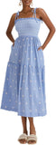 Women Floral Embroidered Maxi Dress Sleeveless Tie Shoulder Smocked Flowy Dress Boho Summer Sundresses with Pockets