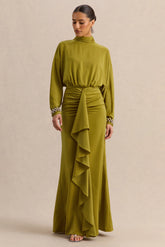 Perla Olive High Neck Maxi Dress With Gathered Detailing