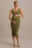 Lisbon Olive Maternity Square Neck Ruched Midi Dress