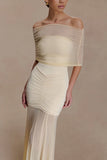 Caspian Slinky And Mesh Off Shoulder Maxi Dress Ivory