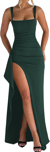 Women Formal Dresses Sleeveless Bodycon Ruched High Slit Sexy Maxi Dress Cocktail Prom