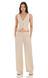 Wide Leg Linen Pants in Beige
