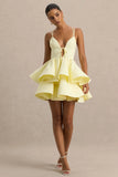 Flavia Lemon Plunge Neck Ruffled Skater Micro Mini Dress