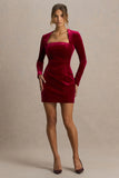 Irresistible Burgundy Velvet Square Neck Mini Dress