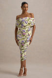 Rayleigh Tulip Floral Print Bardot Ruched Midi Dress