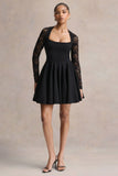 Elowen Black Square Neck Mini Dress With Lace Sleeves