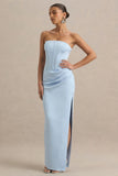 Joseline Powder Blue Satin Corset Wrap Maxi Dress With Scarf