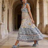 Women Floral Maxi Dress Tie Shoulder Patchwork Smocked Flowy Boho Dress with Pockets Summer Vacation Sundress
