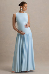 Outline Powder Blue Crew Neck Maternity Maxi Dress With Pleated Skirt