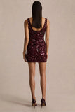 Moonshine Burgundy Floral Sequin Embellished Square Neck Mini Dress