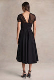 Rosette Black Asymmetric Neck Midi Dress